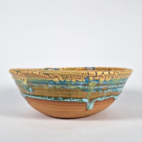 Cathy Veblen Anthro Pottery Bowl Yellow Turquoise Blue Corrales New Mexico 2007 - Picture 7 of 9